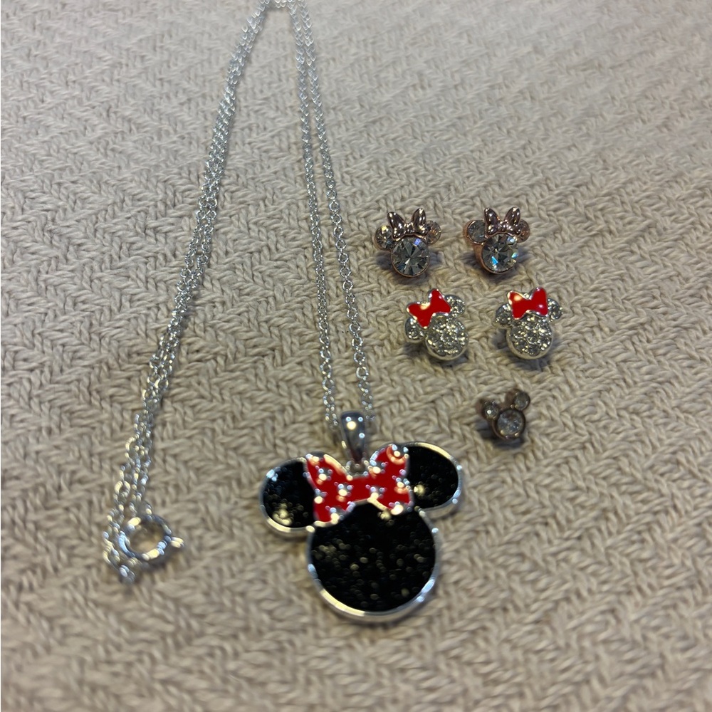 Disney Minnie Mouse Jewelry Set – Earrings & Necklace + Bonus Mickey Stud
